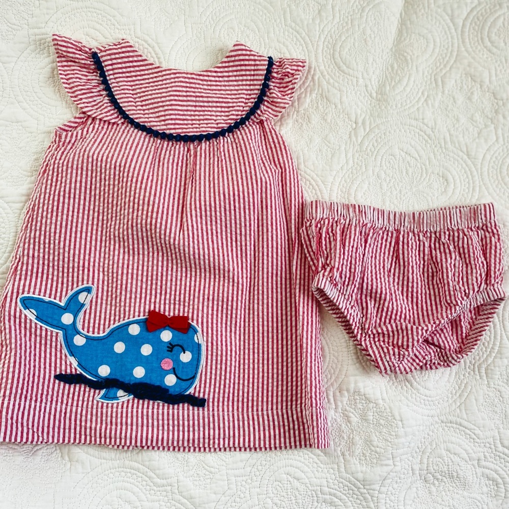 Nursery Rhyme Seersucker Whale Dress with Bloomers 18month
